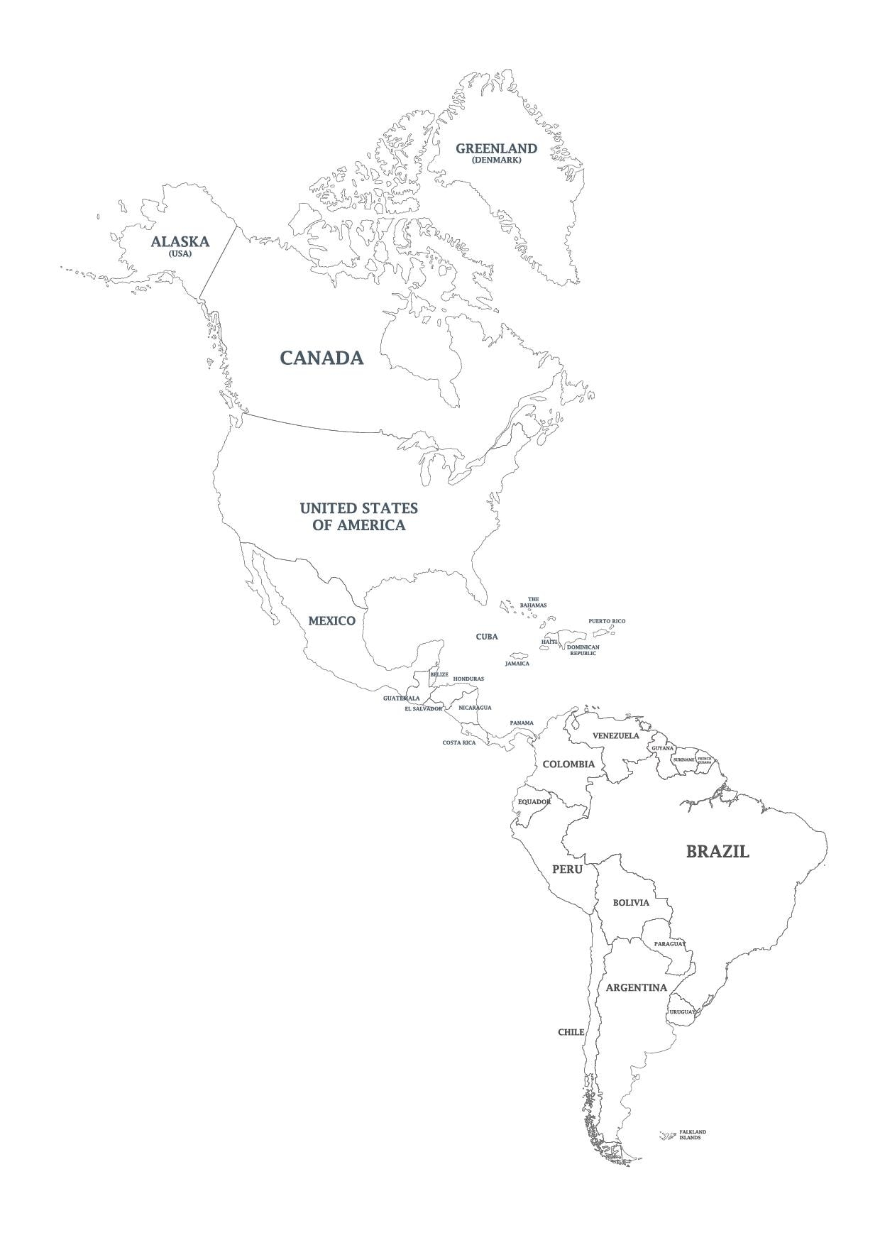 north america and south america blank map