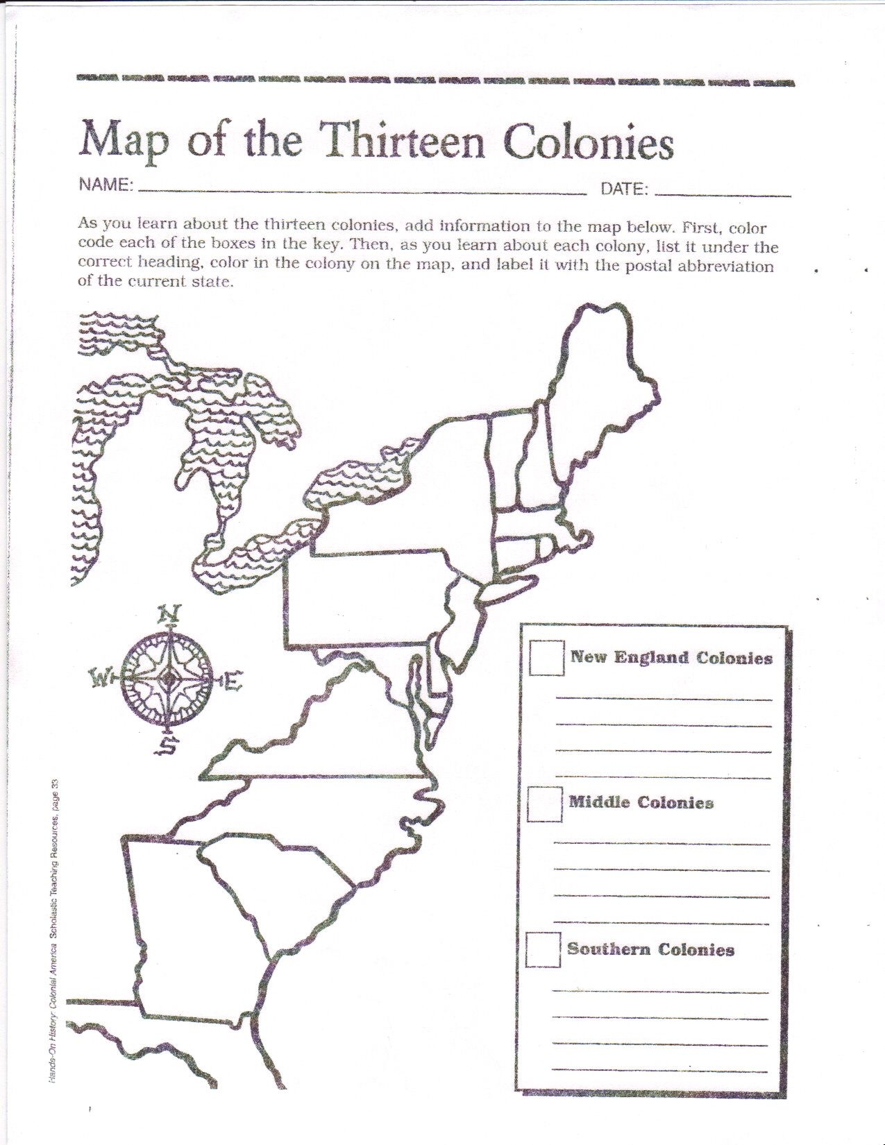 thirteen colonies map blank