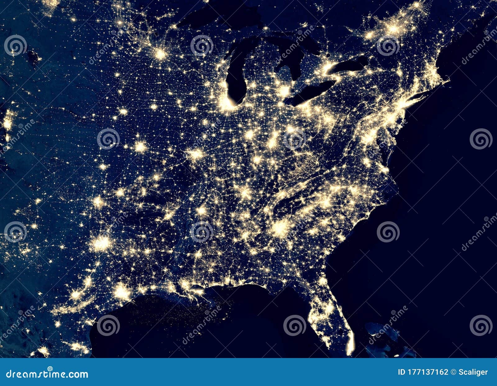 Earth At Night View Of City Lights In East Of United States From Space USA On World Map On Global Satellite Photo Stock Photo Image Of International Modern 177137162