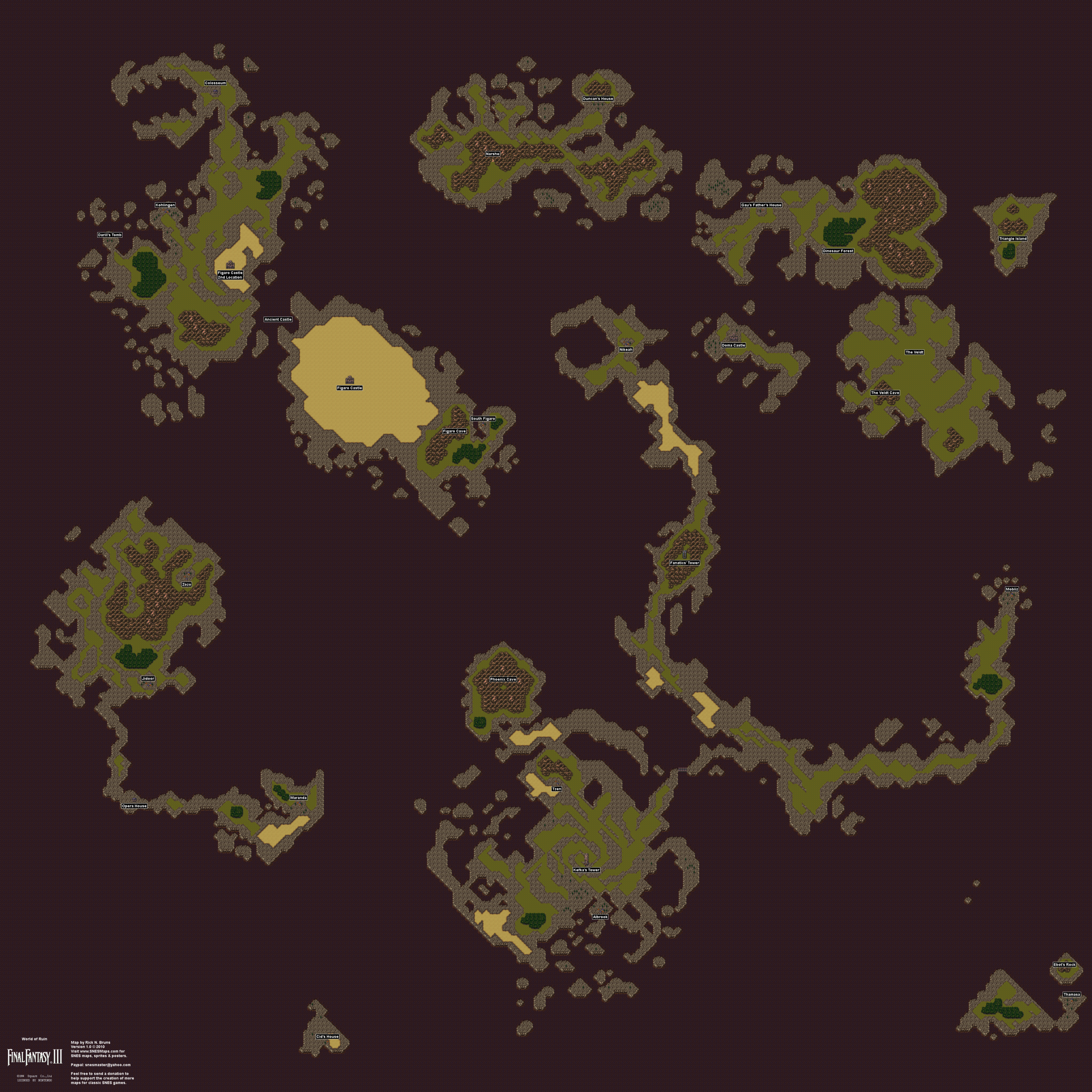 Final Fantasy III 3 VI 6 World Of Ruin Overworld Super Nintendo SNES Map