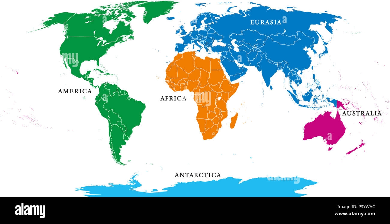 Five Continents World Map Africa America Antarctica Australia And Eurasia Outline And Colored Shapes Under Robinson Projection Stock Photo Alamy
