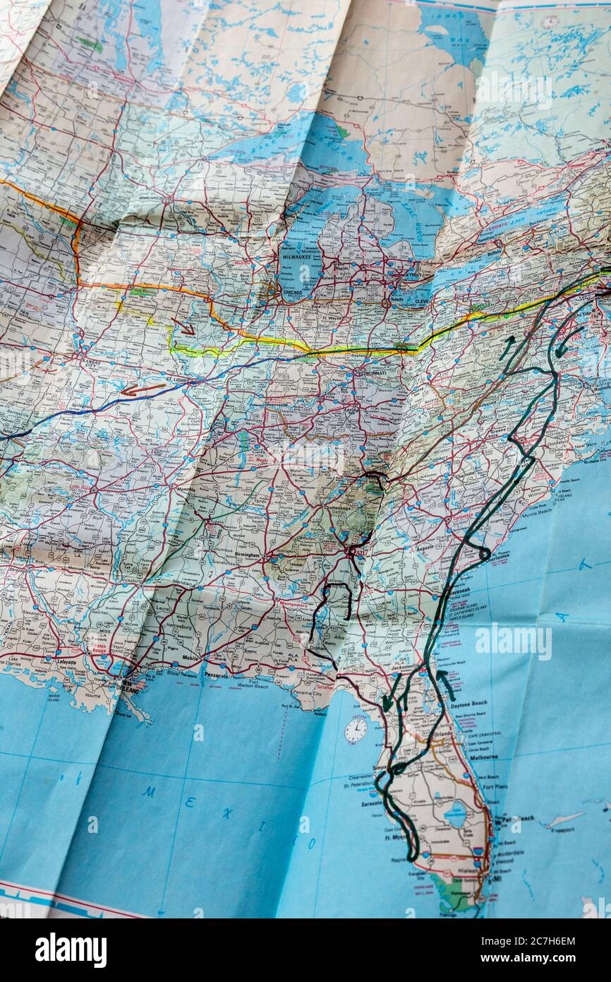 Folding United States Travel Map With Routes Marked Stock Photo Alamy