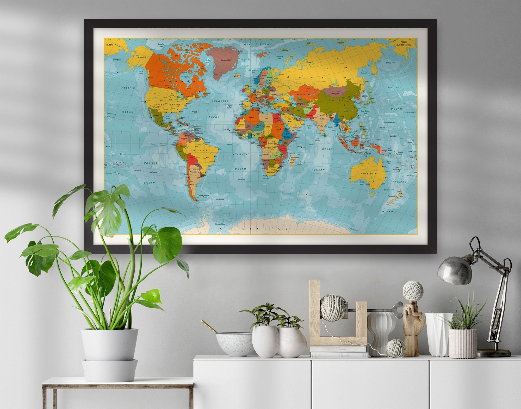 Framed World Map Canvas Print Large Push Pin Travel Art Etsy