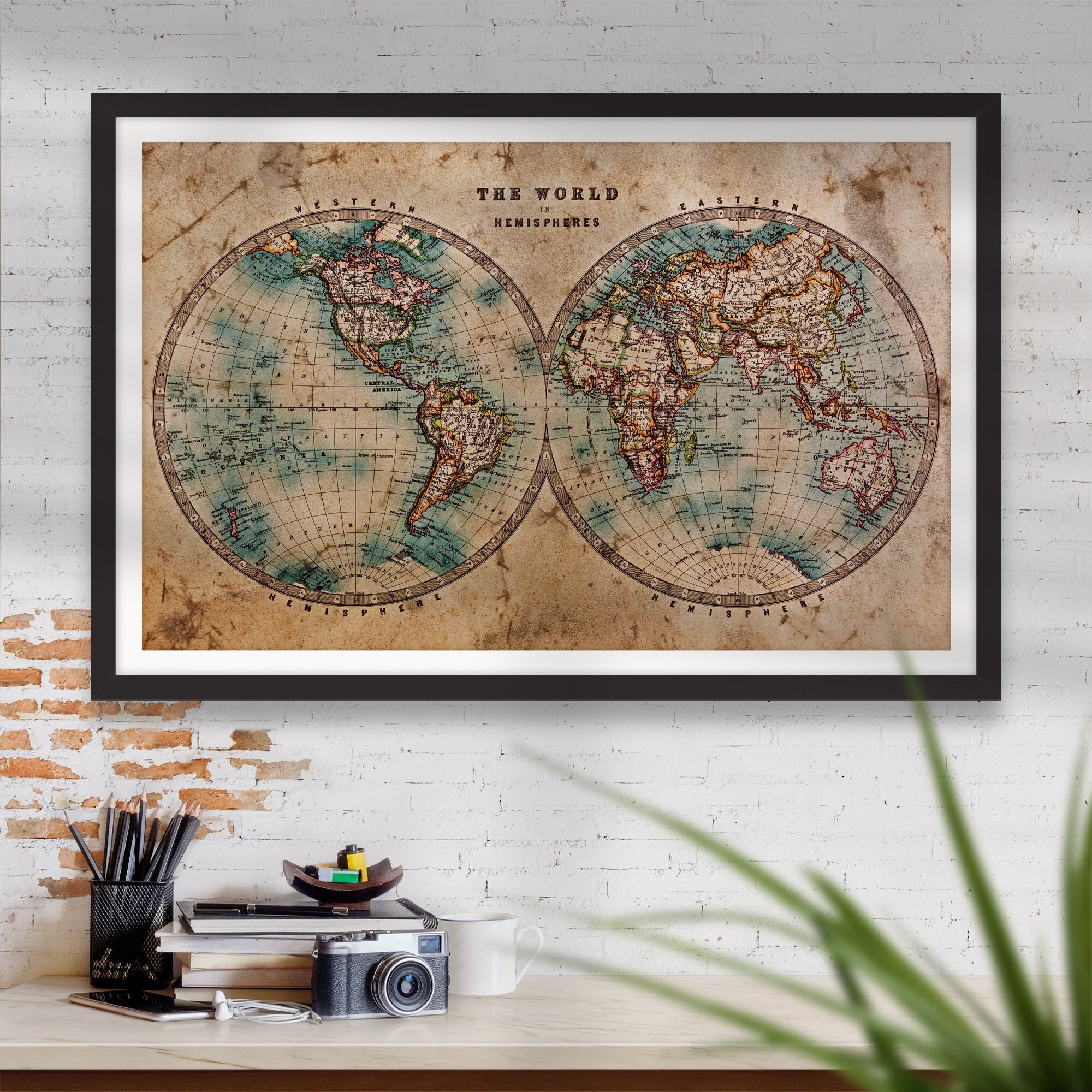 Framed World Map Canvas Print Mid century Modern Gallery Wall Art Etsy Israel
