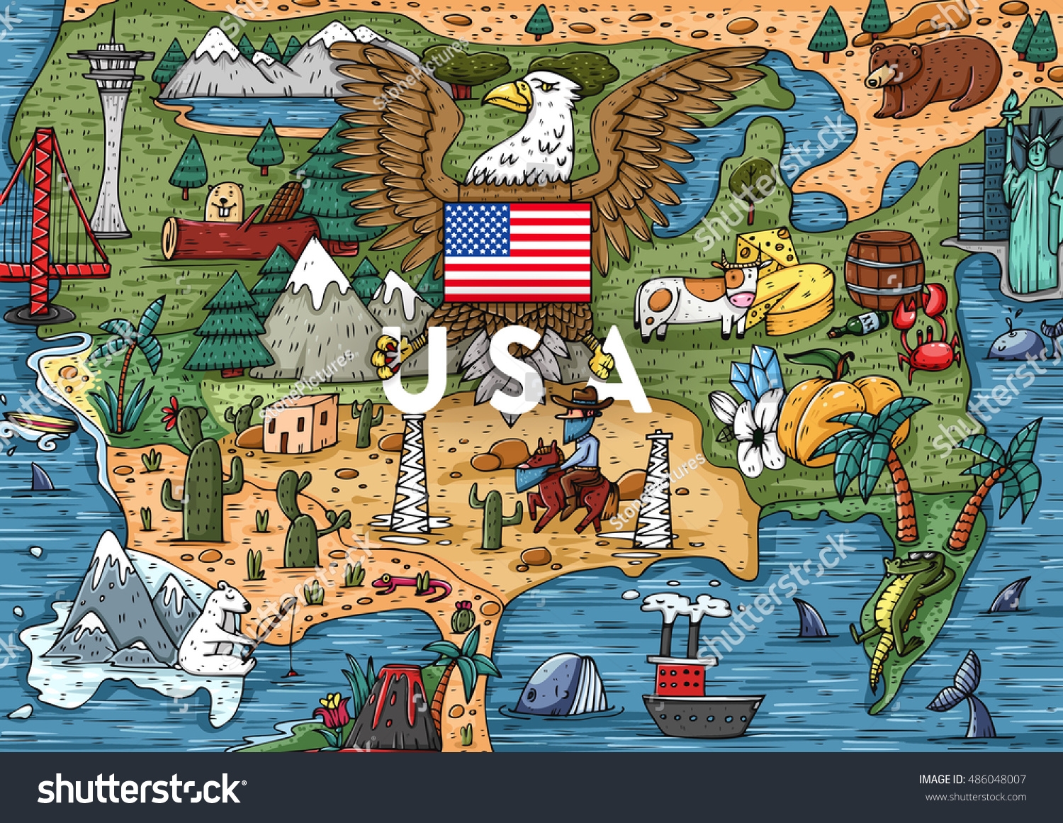 Funny Hand Drawn Cartoon Usa Map Stock Vector Royalty Free 486048007 Shutterstock