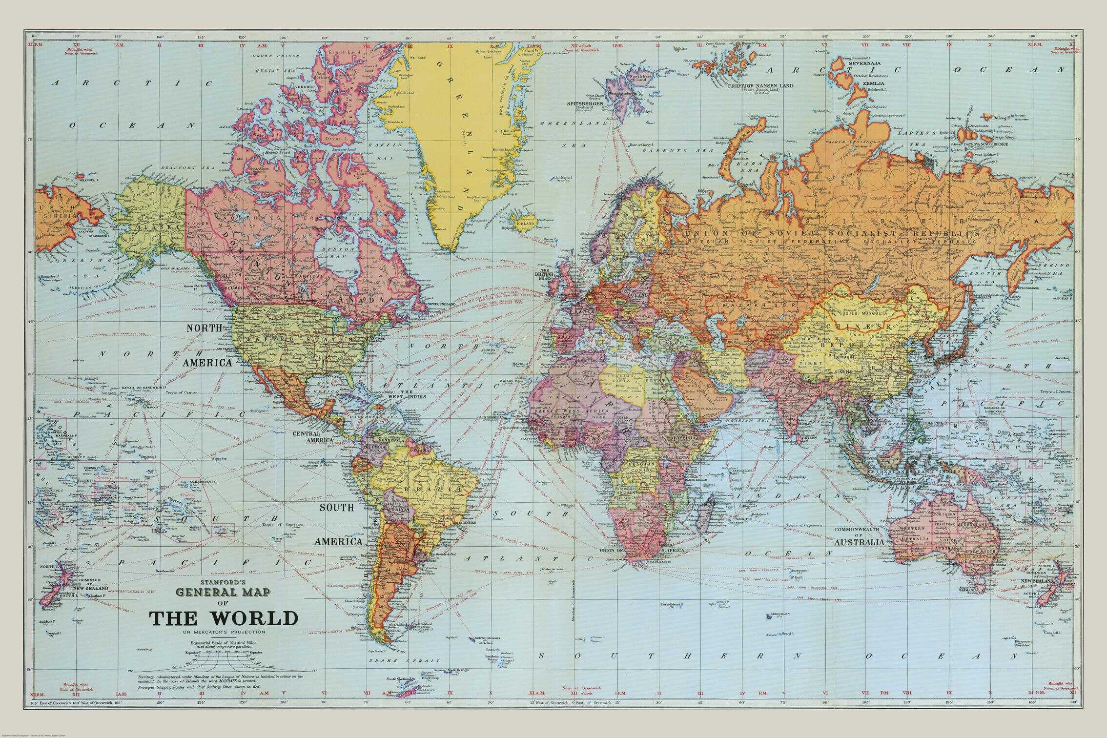General Map Of The World 1920 Blue Version Stanfords