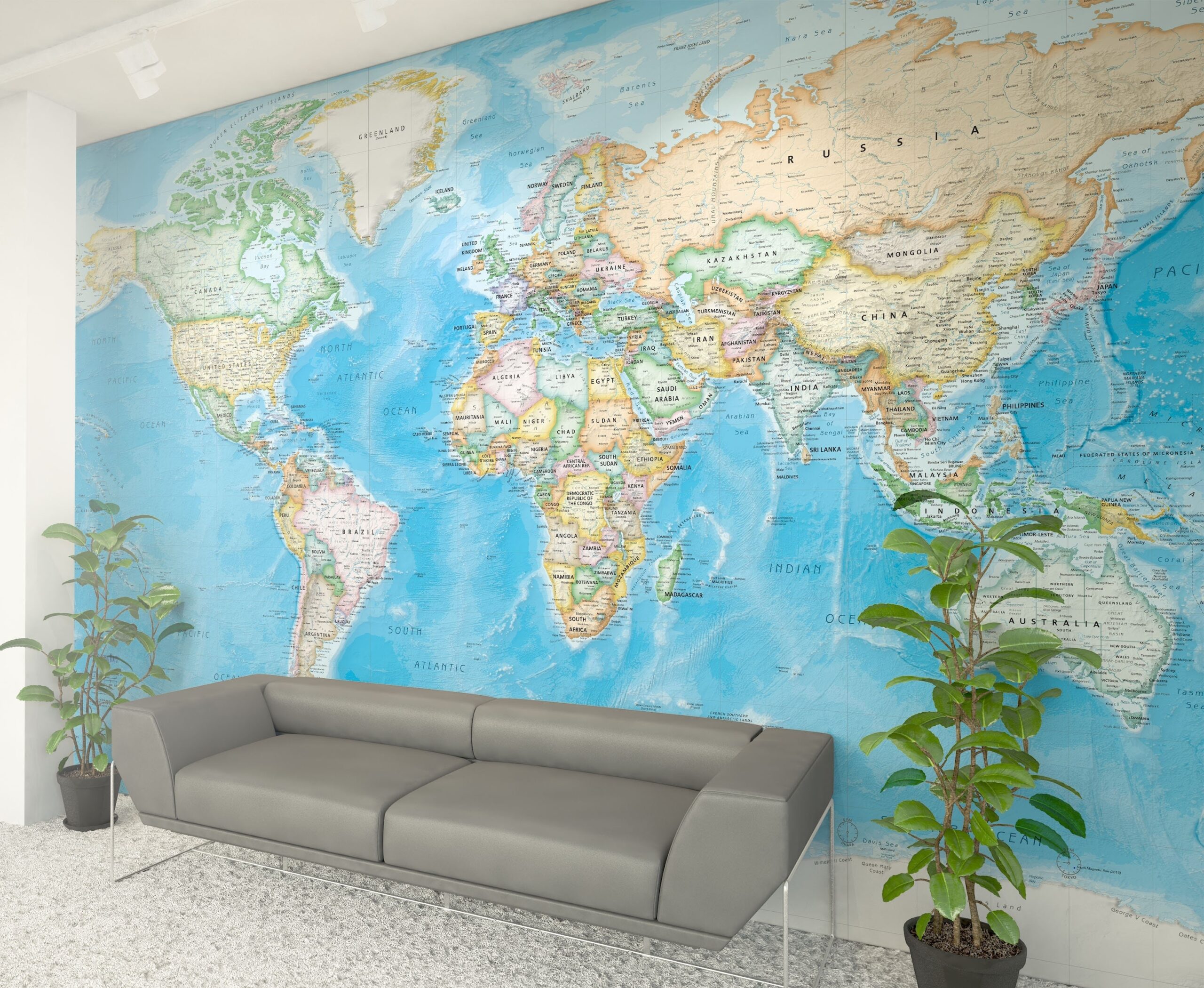 Giant World Map Wall Mural Removable Peel Stick Fabric Blue Ocean Political Etsy