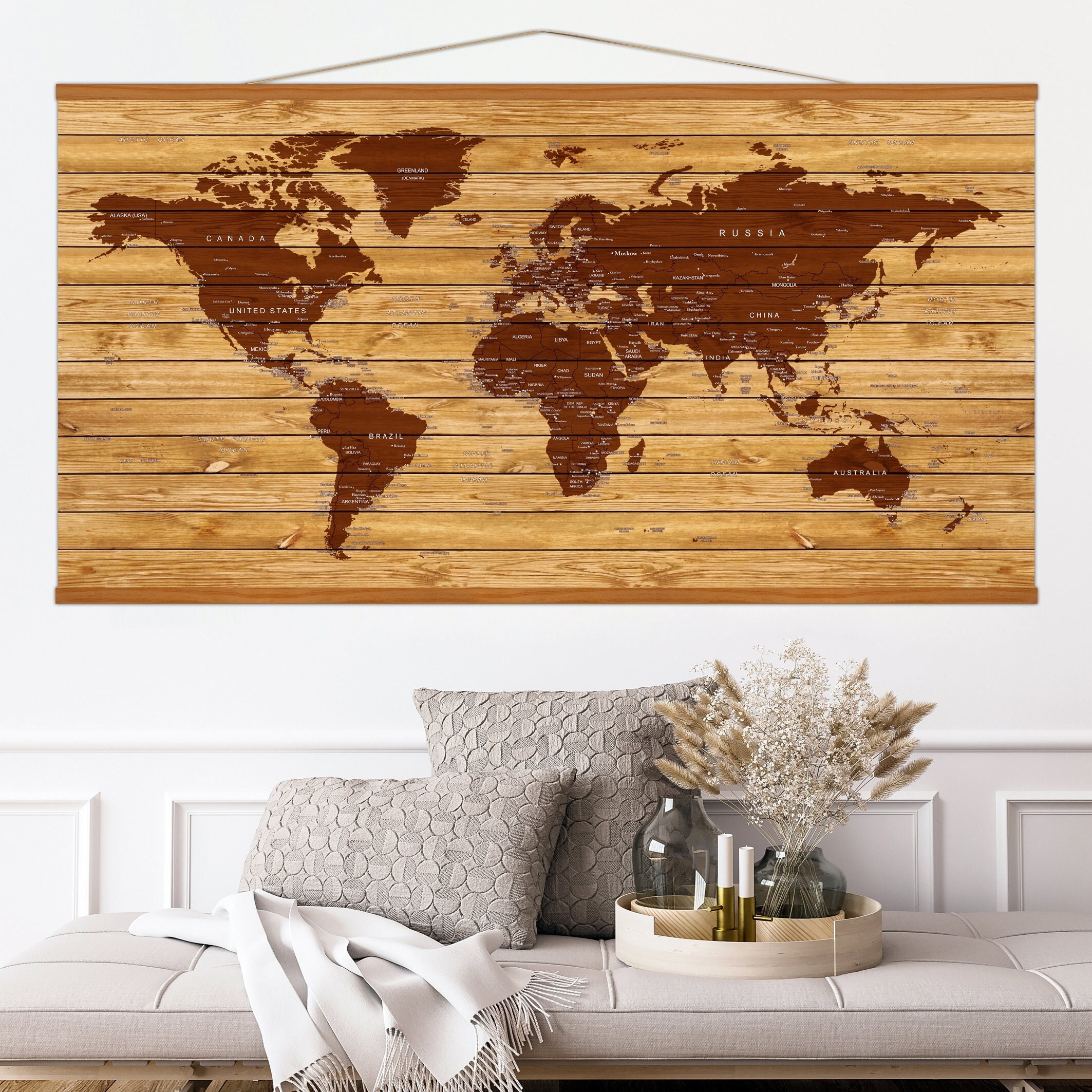 Hanging World Map Canvas Rustic Frame Home Decor Wood Texture World Map Wall Art Earth Art Decoration Huge Size Hanging Wall Decor Etsy