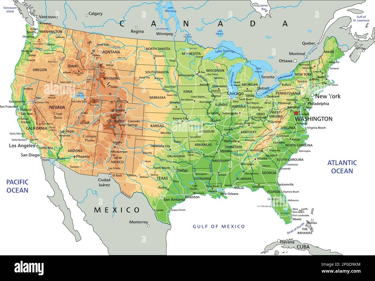 physical map of the united states with states