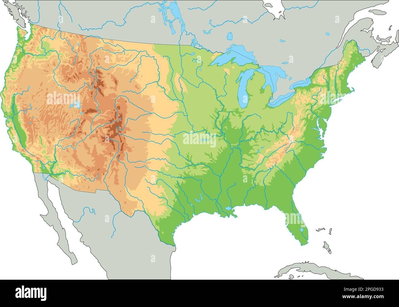 High Detailed United States Of America Physical Map With Labeling Stock Vector Image Art Alamy