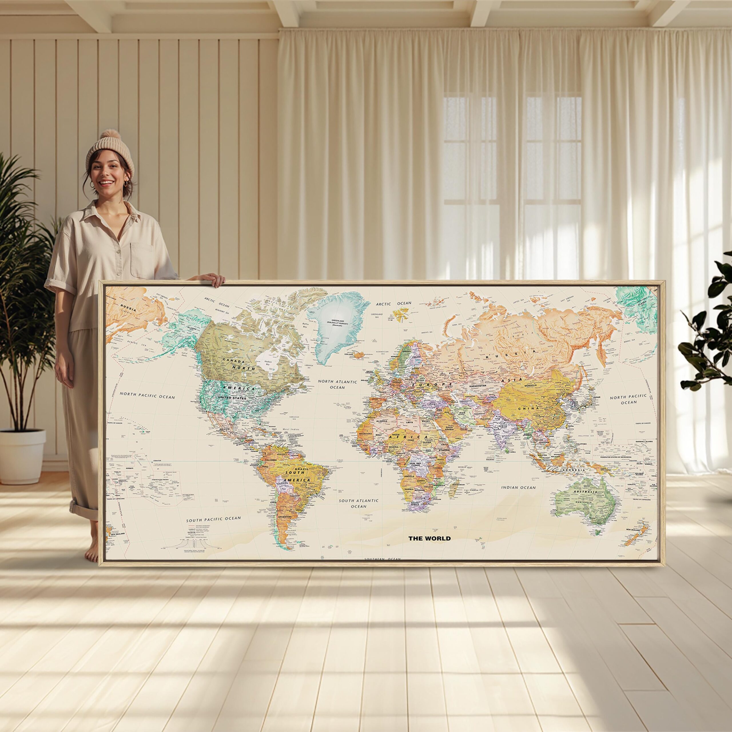 Highly Detailed Framed Canvas World Map Large Antique Style Living Room Decor Etsy
