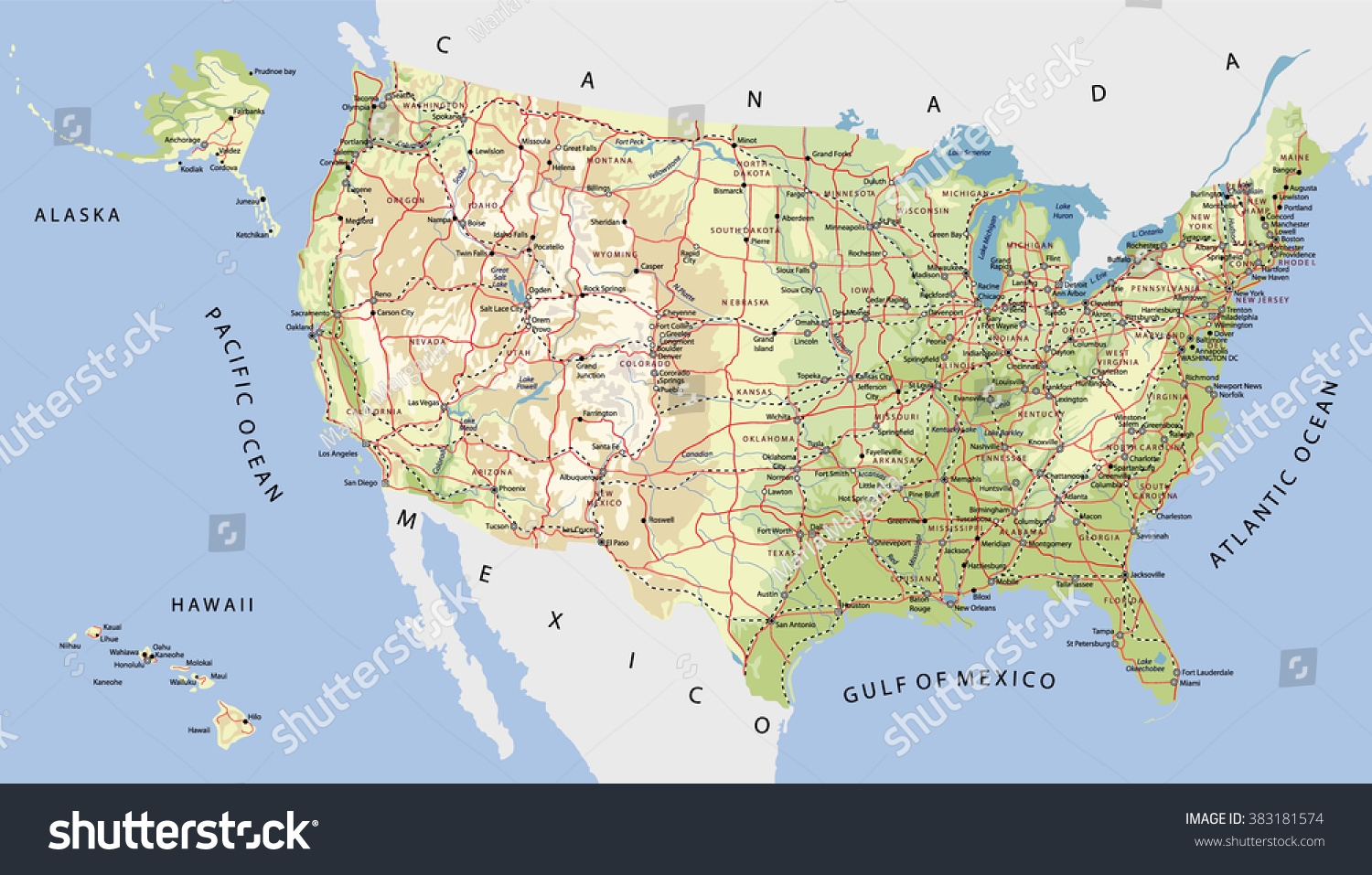 Highly Detailed Map United States Cities Stock Vector Royalty Free 383181574 Shutterstock