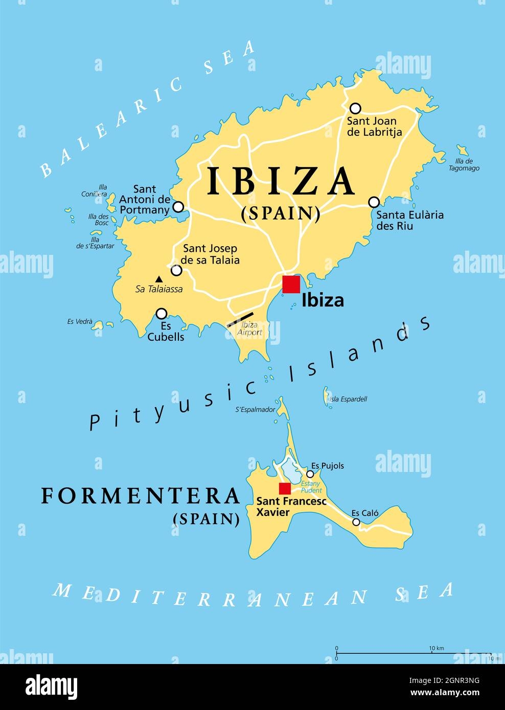 Ibiza And Formentera Island Spain Political Map Pityusic Islands Commonly Known As Pine Islands Part Of The Balearic Islands Archipelago Of Spain Stock Photo Alamy