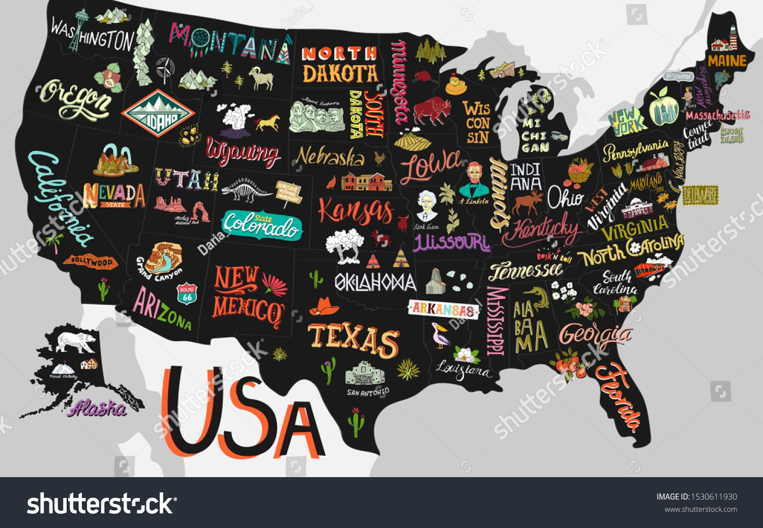 Illustrated Map Usa Poster States Attractions Stock Vector Royalty Free 1530611930 Shutterstock
