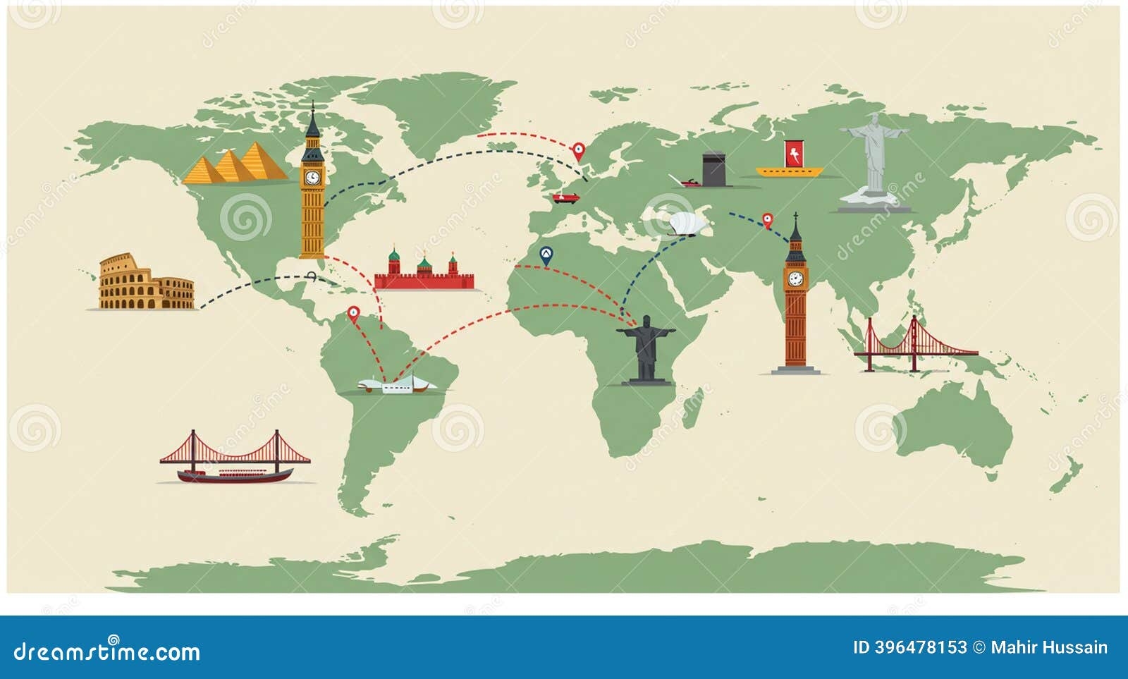 Illustrated World Map Highlighting Major Landmarks Big Ben In The UK The Pyramids Stock Illustration Illustration Of Illustrated Screenshot 396478153