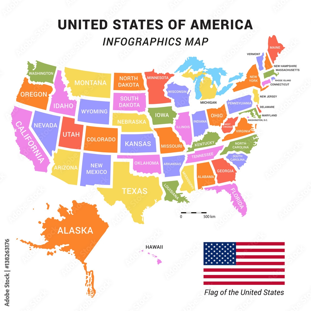Image Vectorielle Stock USA Map With Federal States Including Alaska And Hawaii United States Vector Map With Map Scale And American Flag Ready For Your Infographics Easy Editable Flat Design US Map