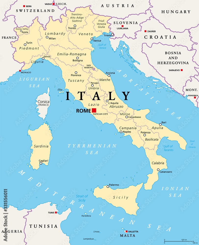 Italy Political Map Administrative Divisions Italian Republic With Capital Rome 20 Regions And Their Capitals International Borders And Neighbor Countries English Labeling Illustration Vector Stock Vector Adobe Stock