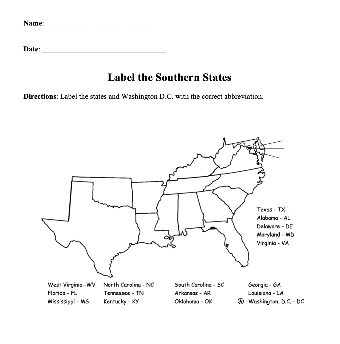 Label Southern States US Geography Worksheet Made By Teachers
