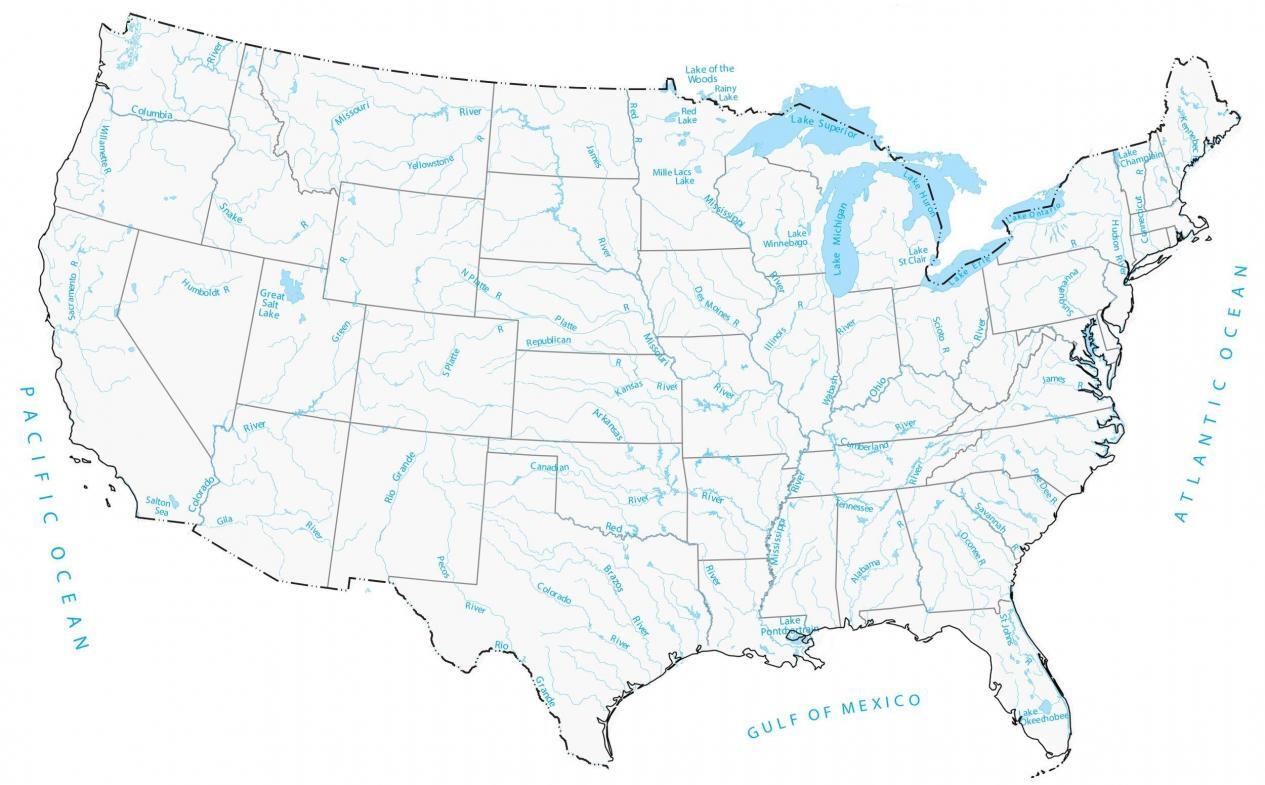 Lakes And Rivers Map Of The United States GIS Geography Worksheets Library