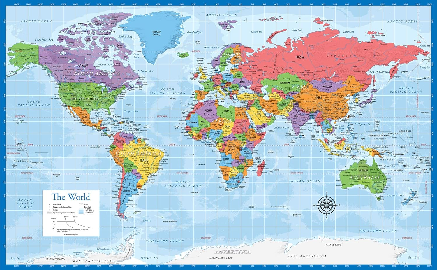 Laminated World Map Poster Wall Chart Map Of Earth 18 X 29 Blue EBay