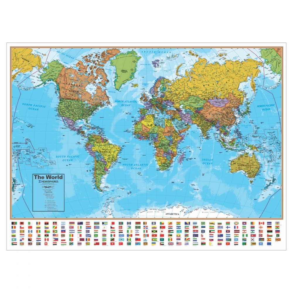 Laminated World Map With Flags