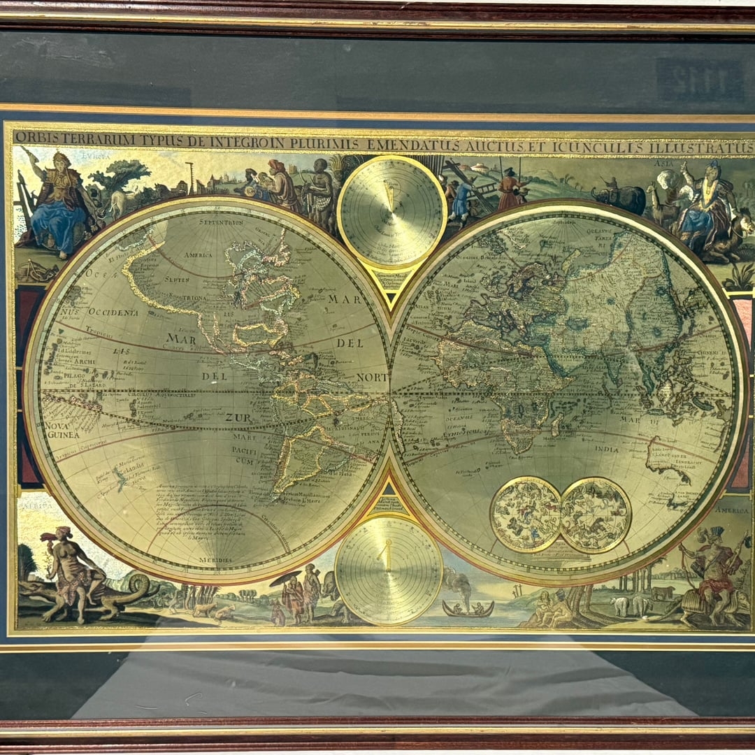 Large Framed Double Hemisphere World Map Gold Foil Orbis Terrarum Typus 43x36