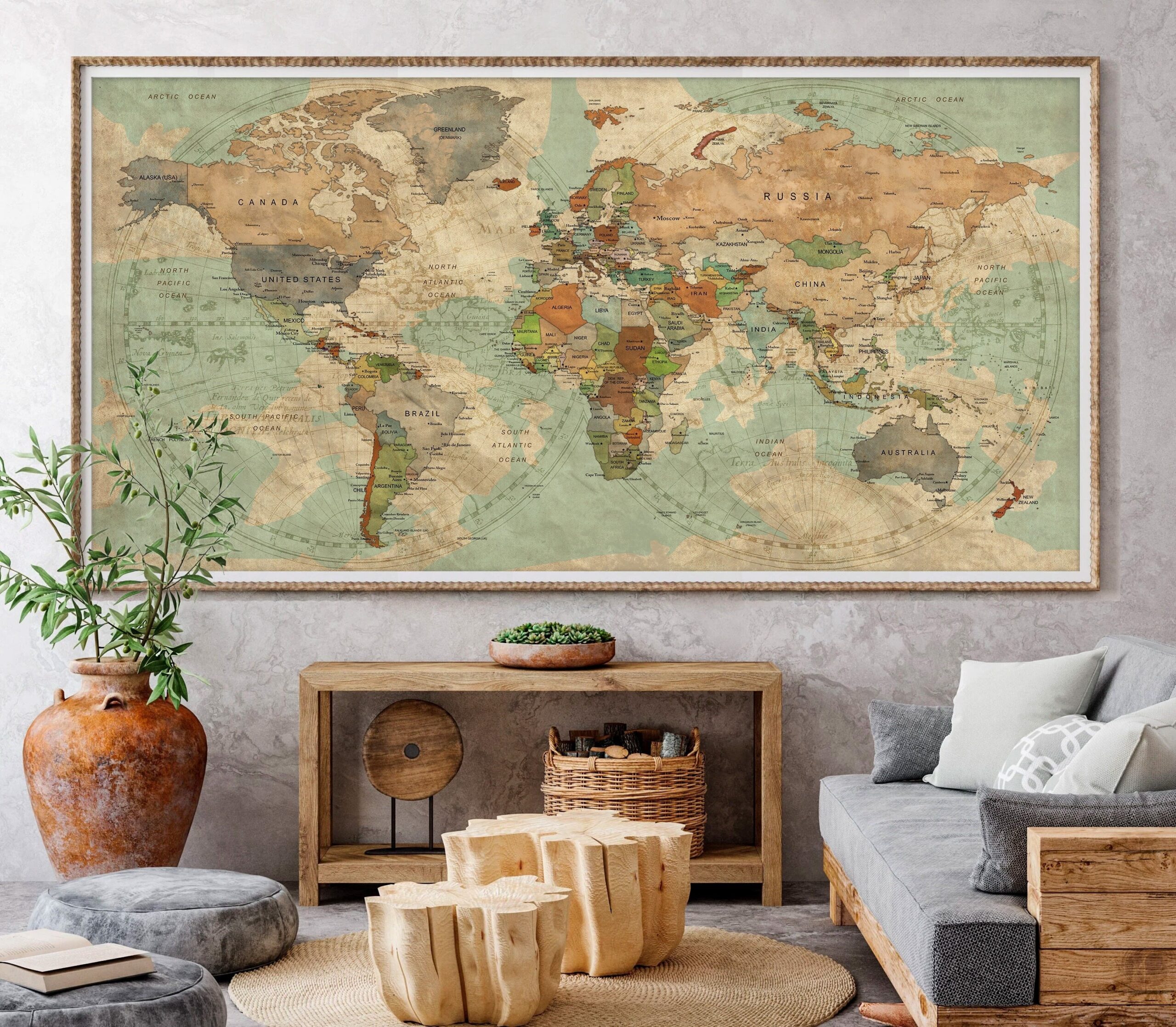 Large World Map Poster Modern Home Decor Living Room Art Etsy