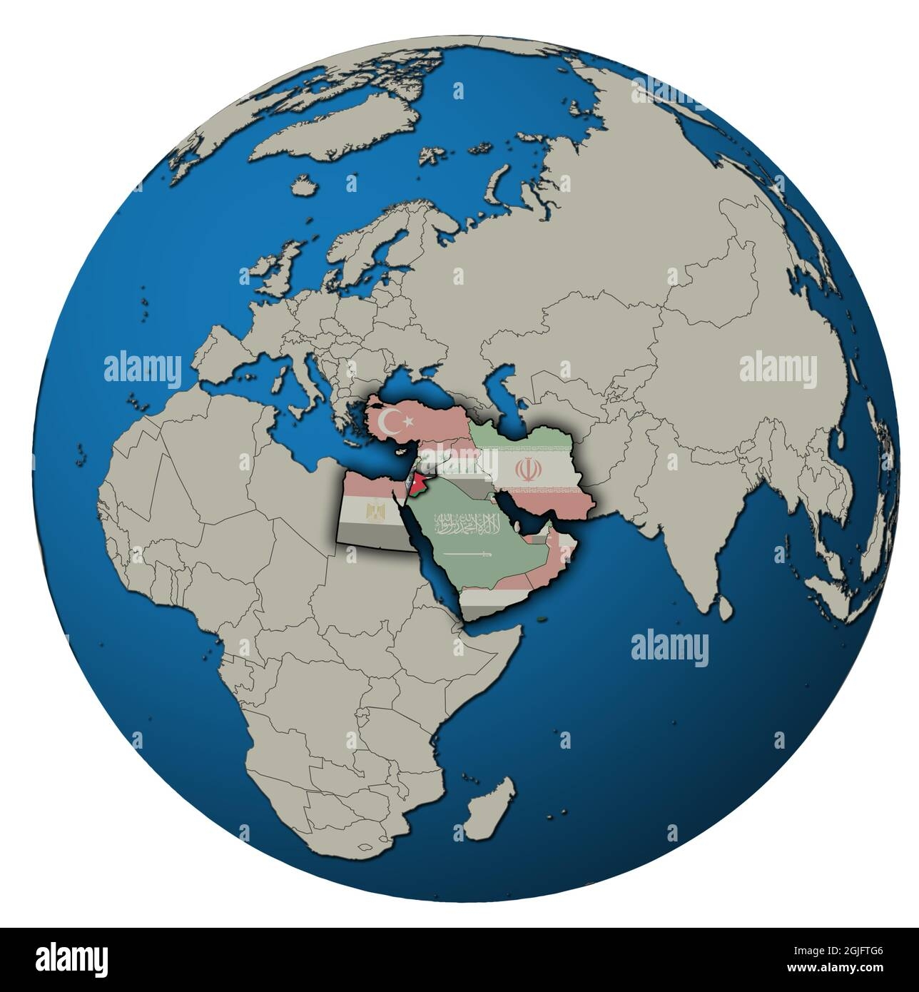 Location Of Jordan Territory In Middle East Region With Country Flags On Globe Map Isolated Over White Stock Photo Alamy
