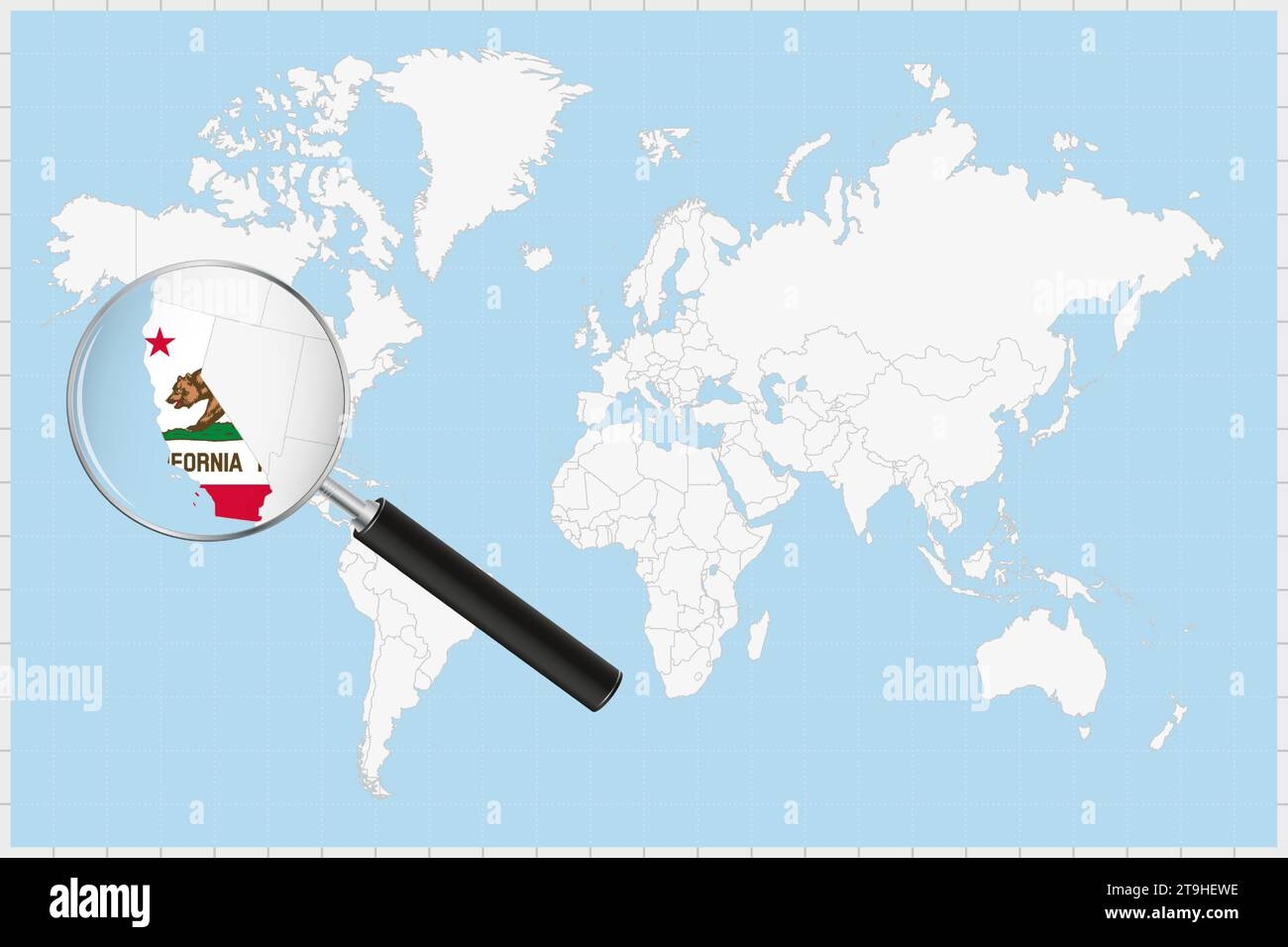Magnifying Glass Showing A Map Of California On A World Map California Flag And Map Enlarge In Lens Vector Illustration Stock Vector Image Art Alamy
