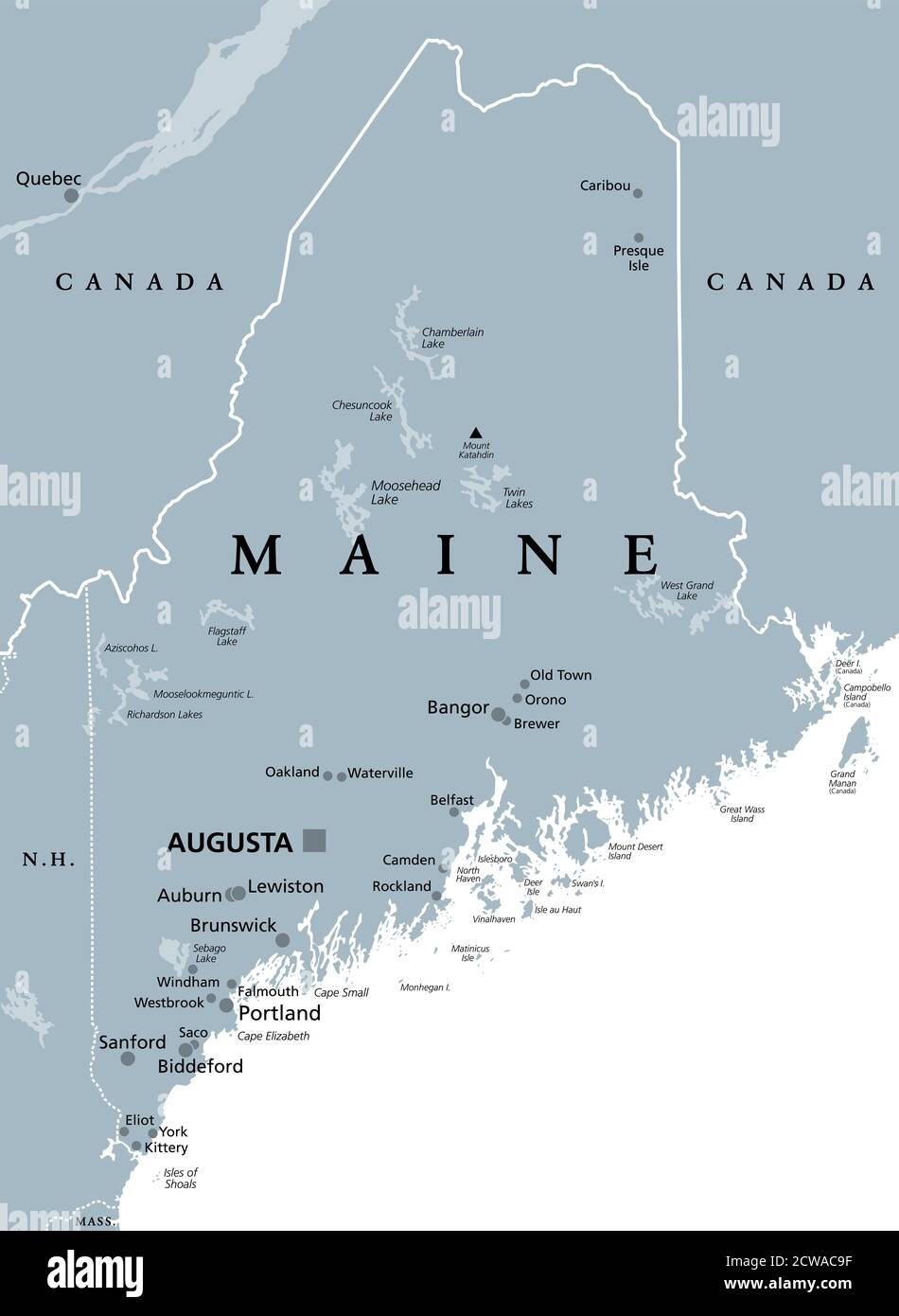 Maine ME Gray Political Map With Capital Augusta Northernmost State In The United States Of America And Located In The New England Region Stock Photo Alamy