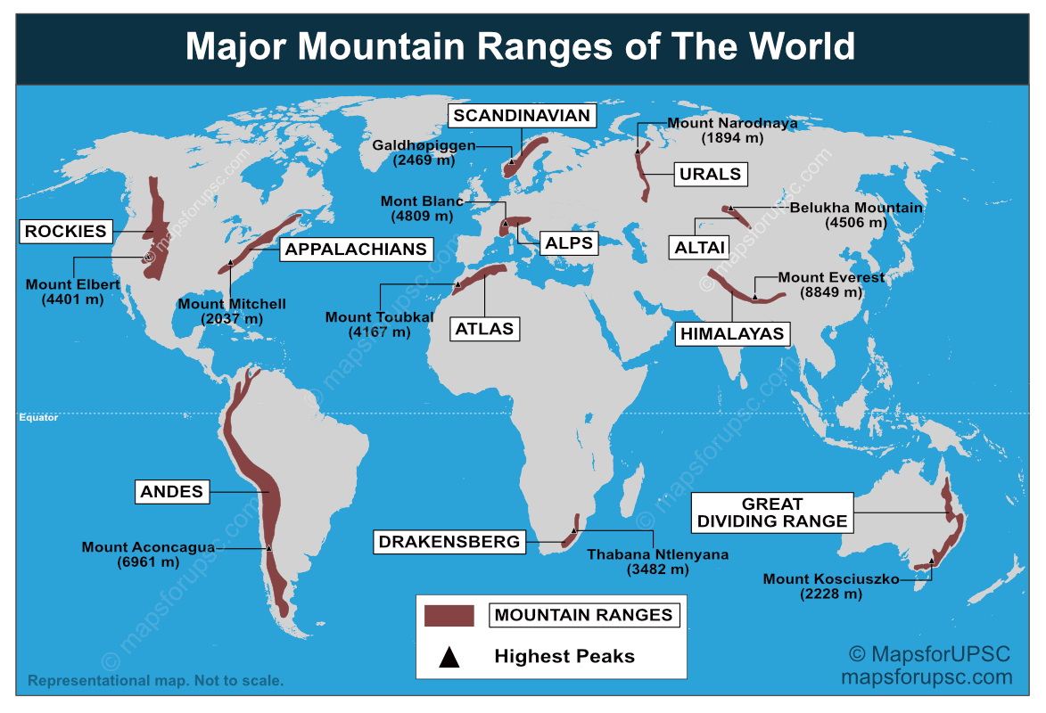 Major Mountain Ranges Of The World Highest Peaks Map 