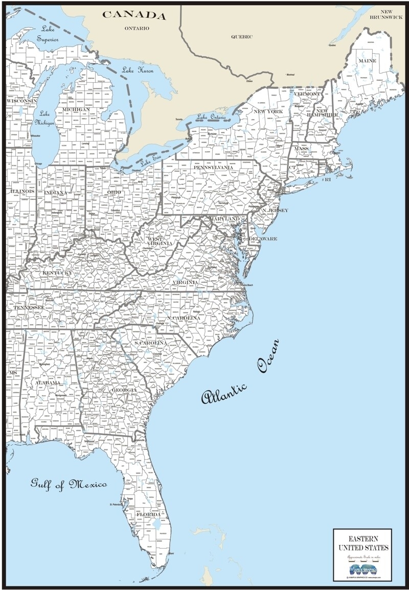 Map Custom East Coast USA Region County Outline county Names Major Cities