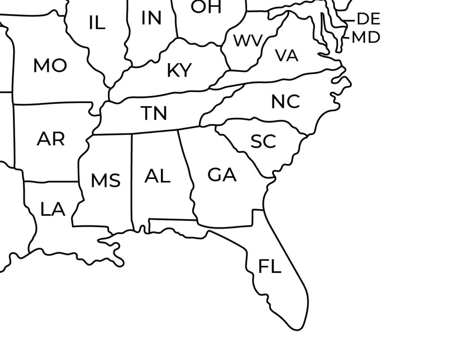 blank map of eastern united states