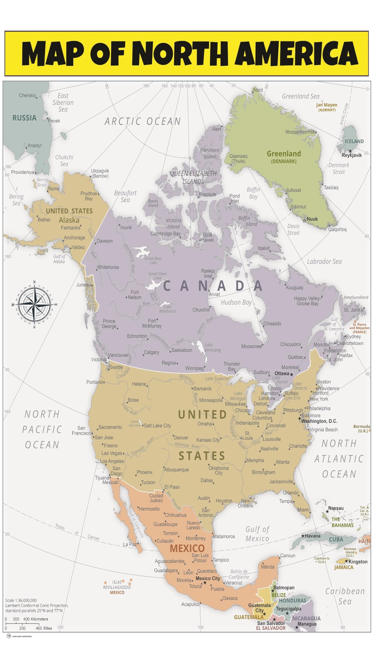 Map Of North America Laminated Wall Map Poster Print Perfect For Classrooms And Homes Vivid Imagery With Bright Colors