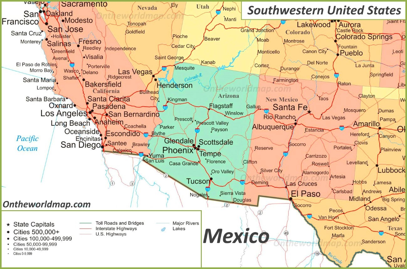 Map Of Southwestern United States Ontheworldmap Map Of Southwestern United States Ontheworldmap