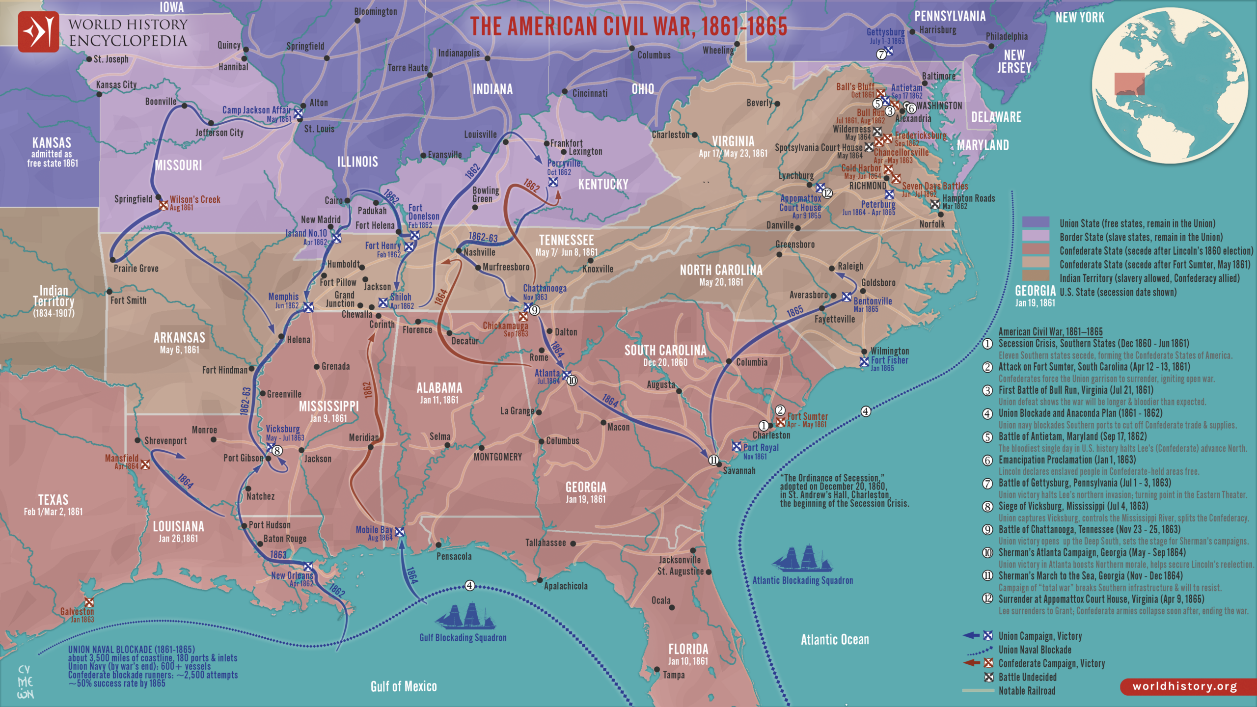Map Of The American Civil War 1861 1865 World History Encyclopedia