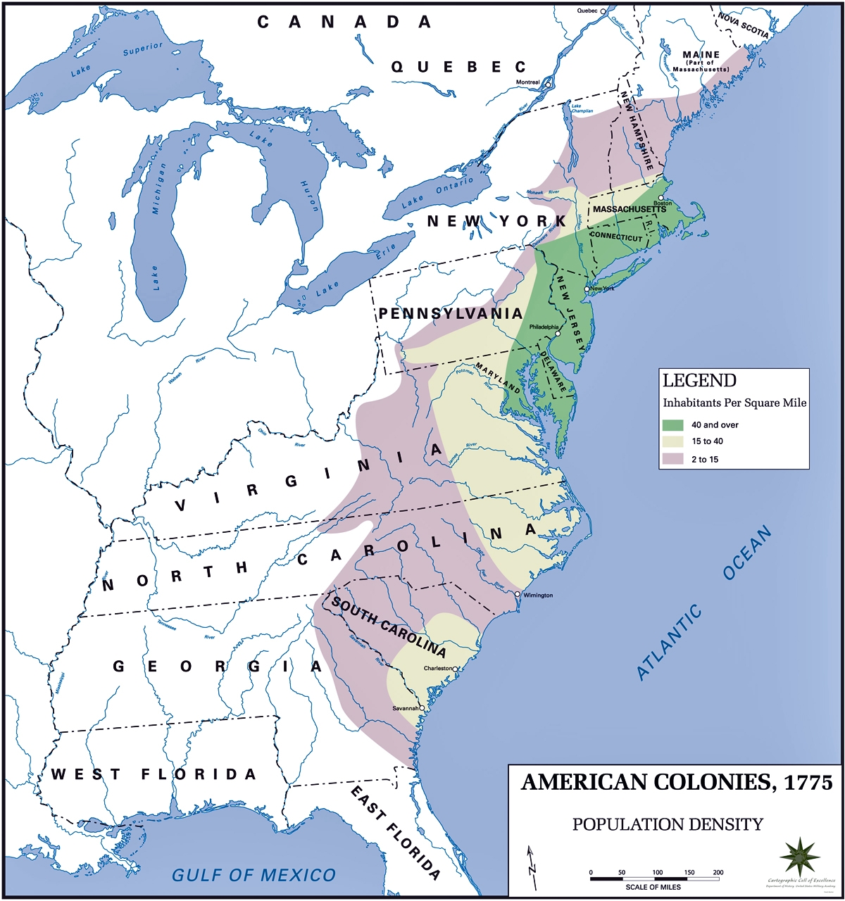 Map Of The American Colonies Population Density 1775