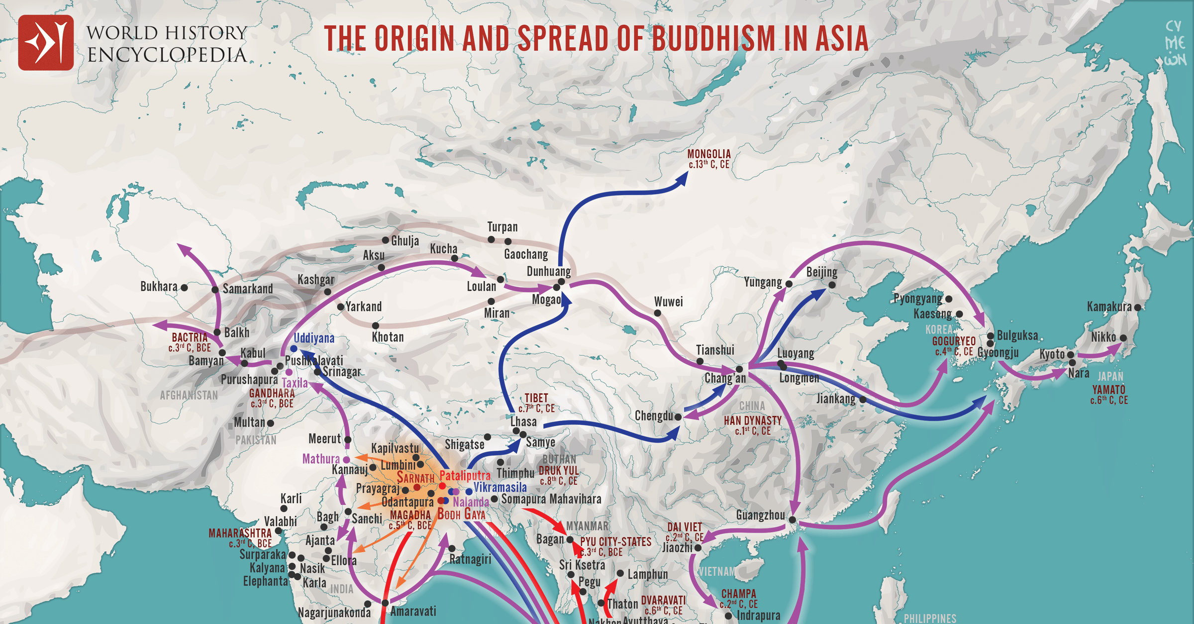 Map Of The Origin And Spread Of Buddhism World History Encyclopedia Map Of The Origin And Spread Of Buddhism World History Encyclopedia