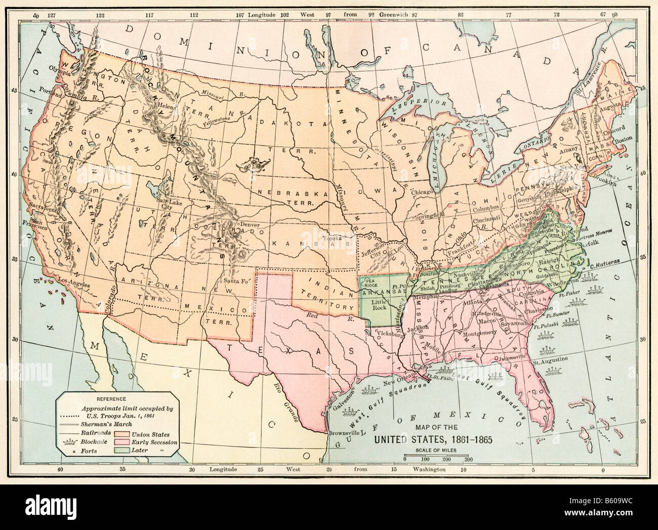 Map Of The United States During The Civil War 1861 To 1865 Color Lithograph Stock Photo Alamy