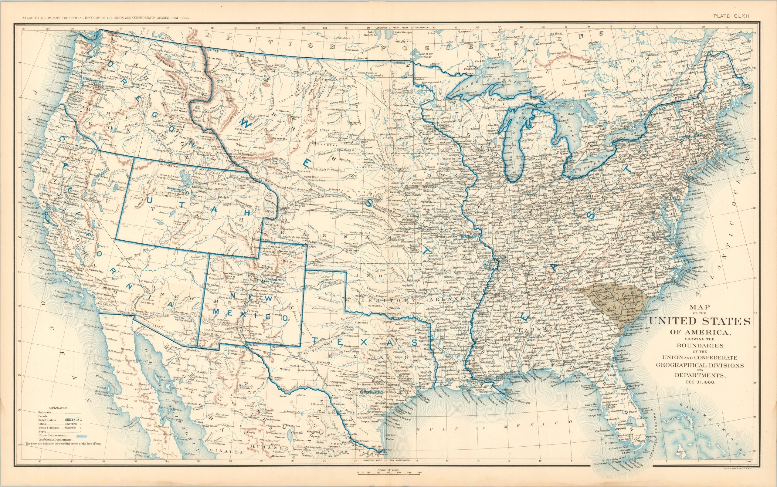 Map Of The United States Of America Showing The Boundaries Of The Union And Confederate Geographical Divisions And Departments Dec 31 1860 Curtis Wright Maps