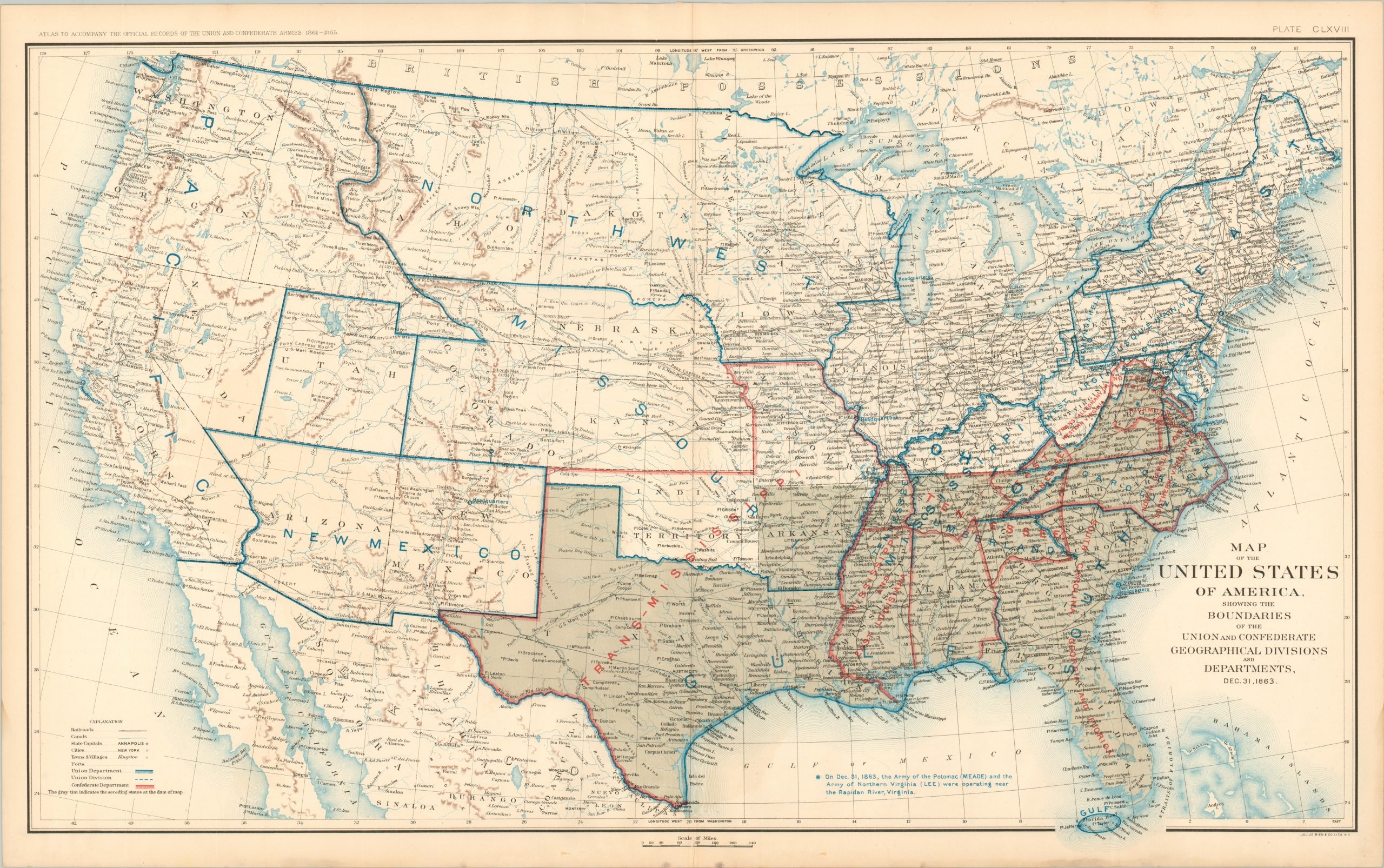 Map Of The United States Of America Showing The Boundaries Of The Union And Confederate Geographical Divisions And Departments Dec 31 1863 Curtis Wright Maps