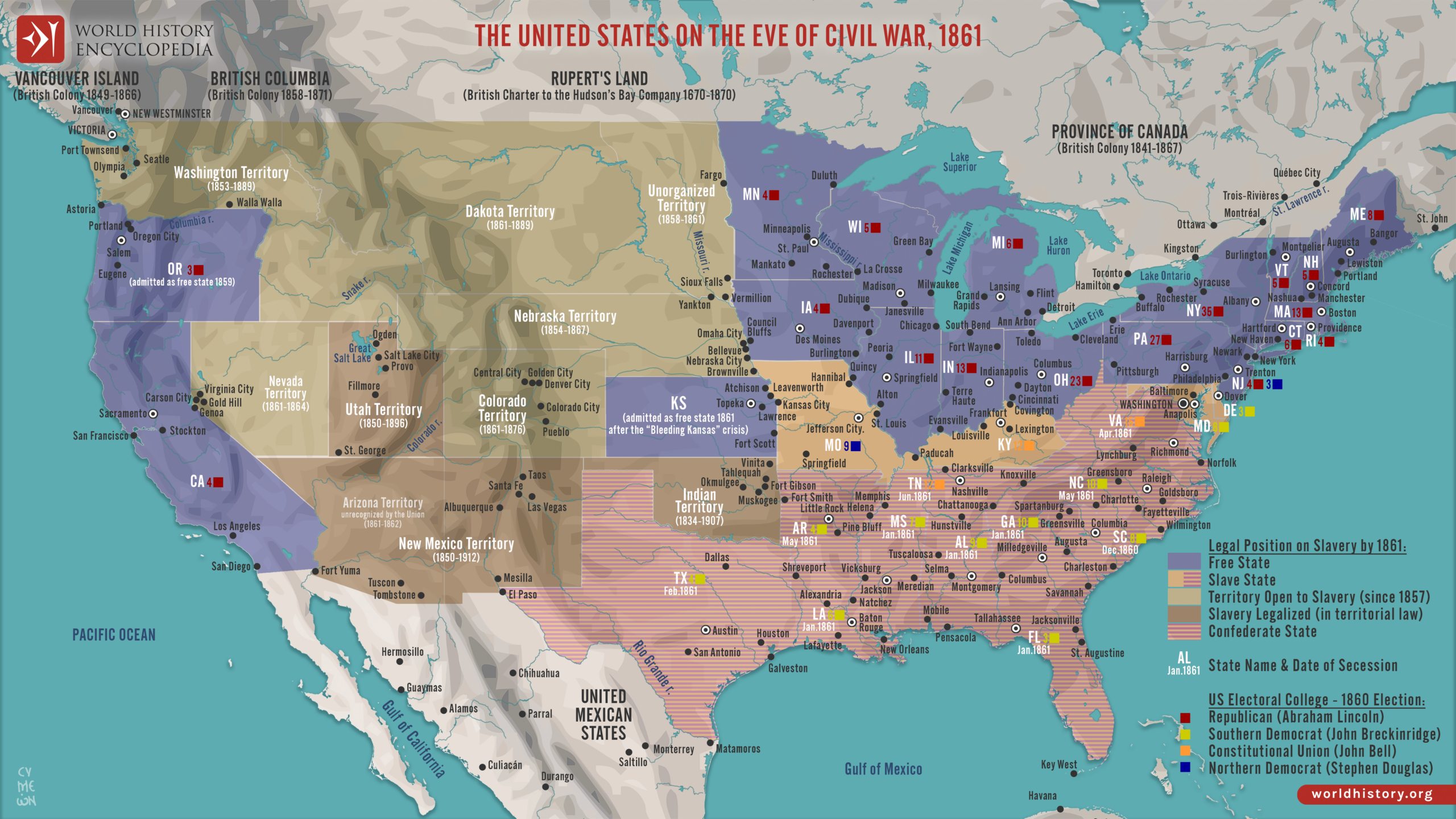 Map Of The United States On The Eve Of Civil War 1861 World History Encyclopedia