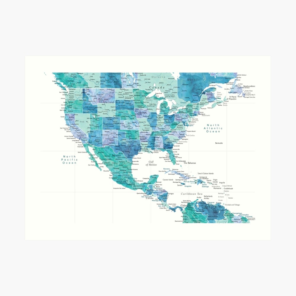 Map Of The USA Mexico And The Caribbean Sea In Watercolor Poster For Sale By Blursbyai Redbubble