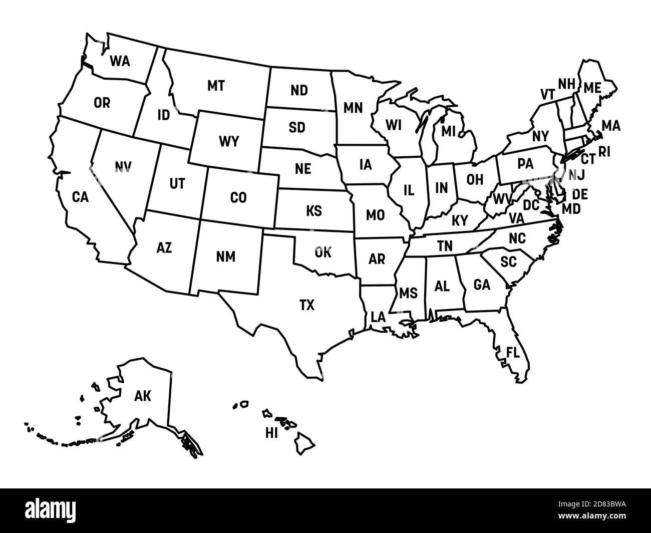 Map Of United States Of America USA With State Postal Abbreviations Simple Black Outline Map Stock Vector Image Art Alamy