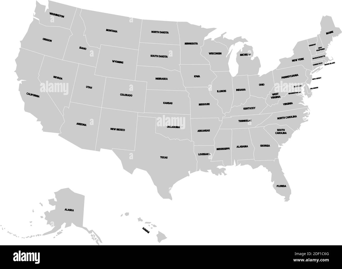 Map Of United States Of America With Name Of Each State Simplified Grey Vector Map On White Background And Black Labels Stock Vector Image Art Alamy