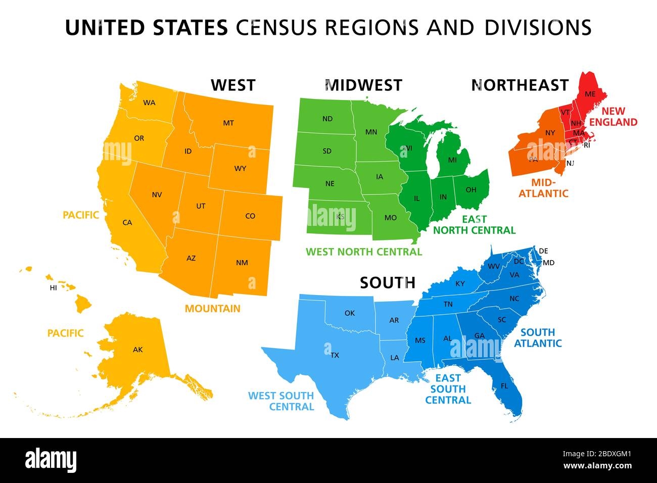 Map Of United States Split Into Census Regions And Divisions Region Definition Widely Used For Data Collection And Analysis Stock Photo Alamy