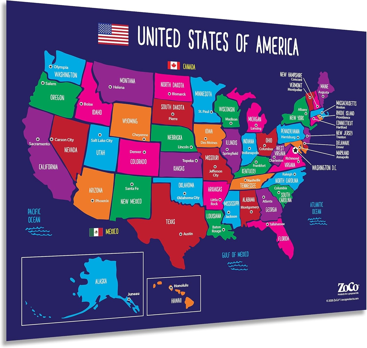 Map Of USA 50 States With Capitals Poster Laminated 17 X 22 1 Pack Blue EBay