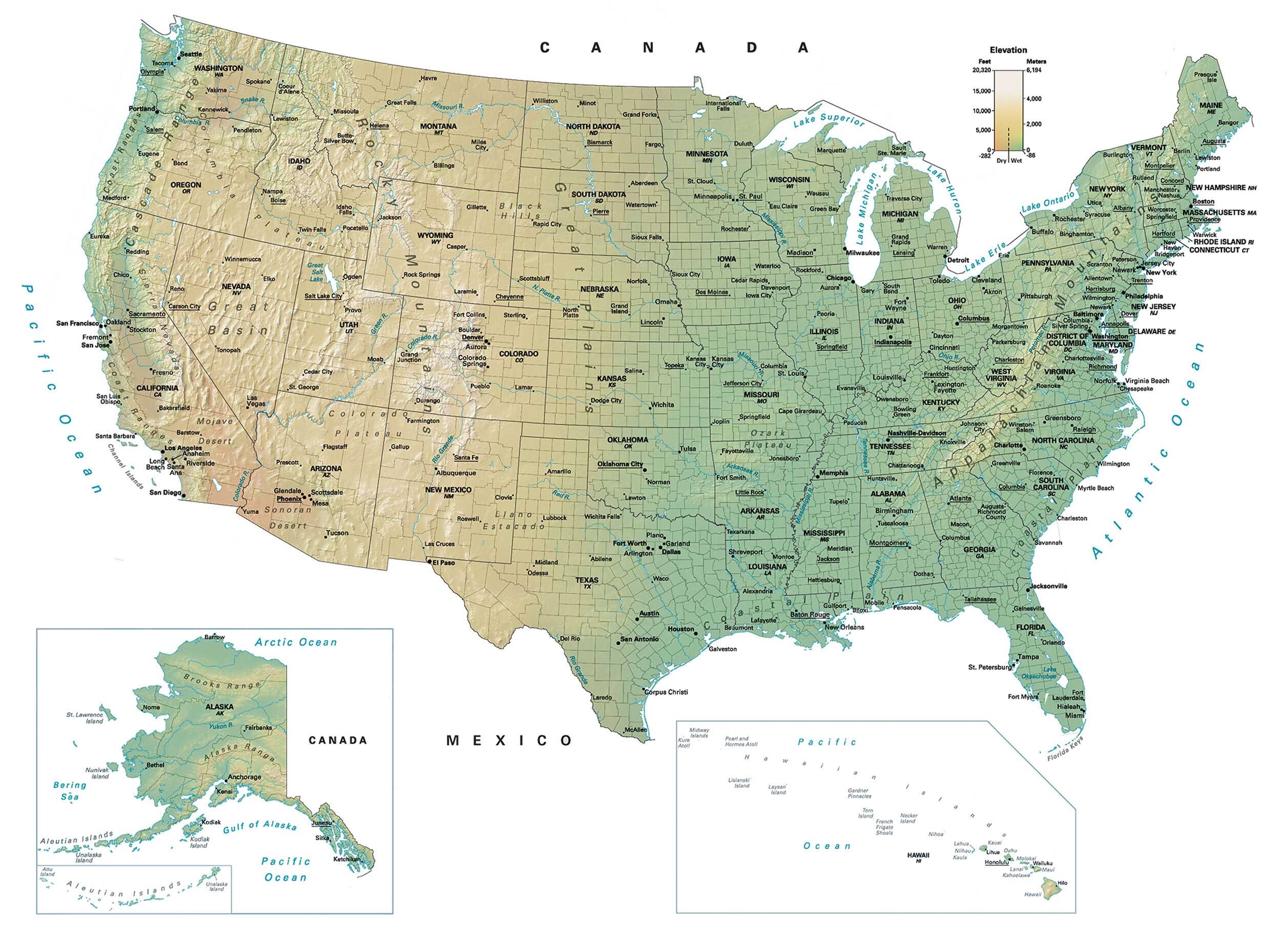 united states physical map with rivers and mountains