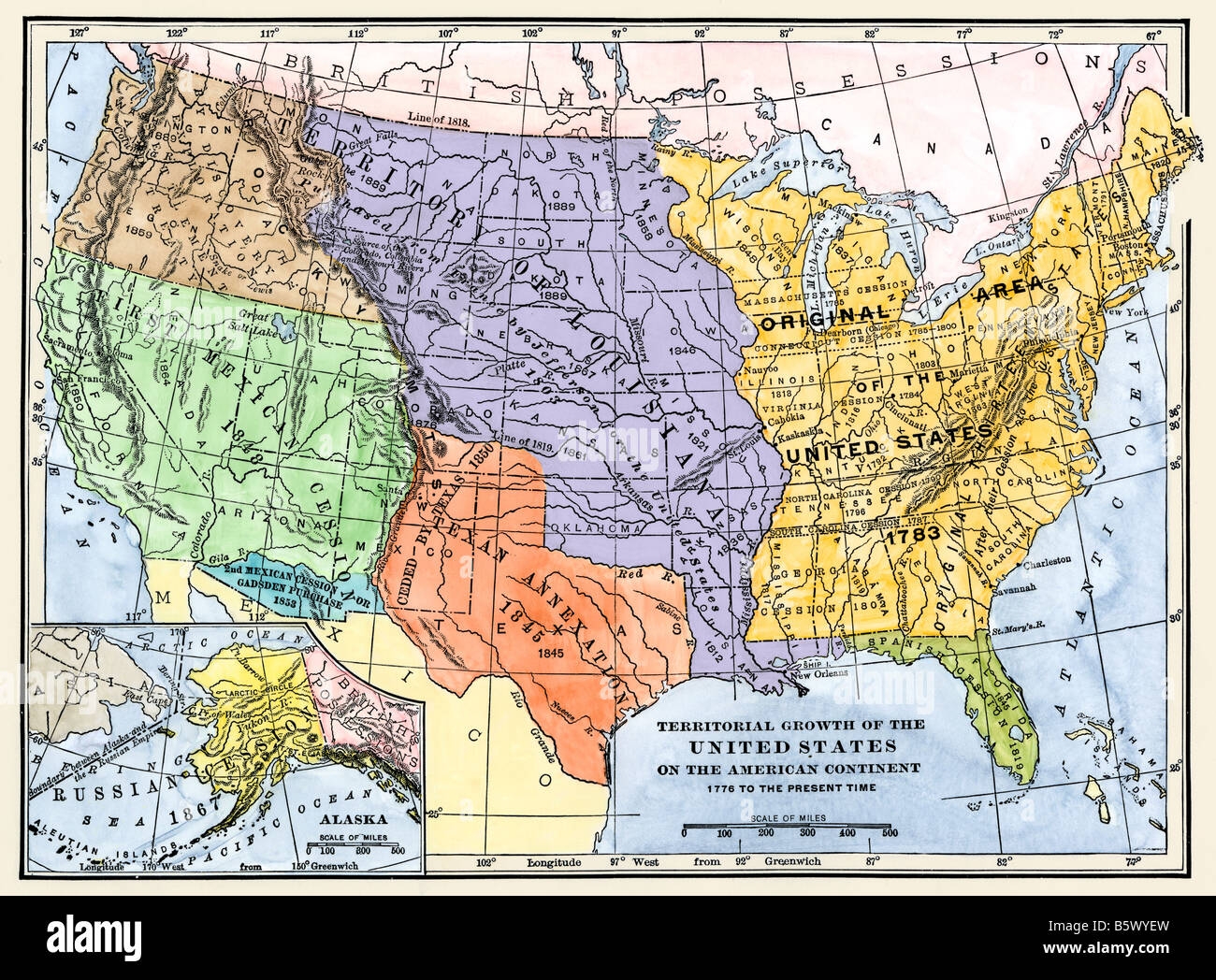 Map Showing Territorial Growth Of The Continental US 1776 To 1899 Hand colored Woodcut Stock Photo Alamy