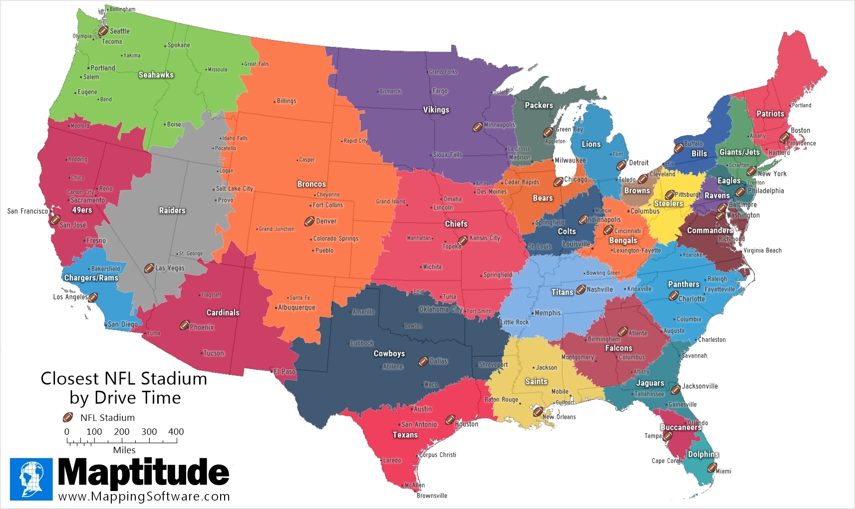 Maptitude Map Closest NFL Stadium